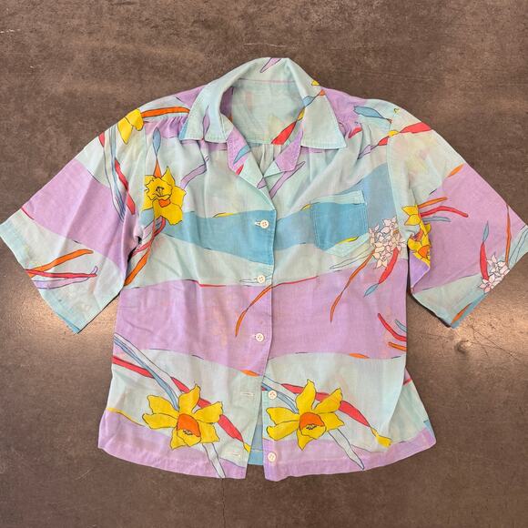 Vintage Y2K Hawaiian Tropical Floral Purple Blue Button Up Abstract Art Tee L - Picture 1 of 5